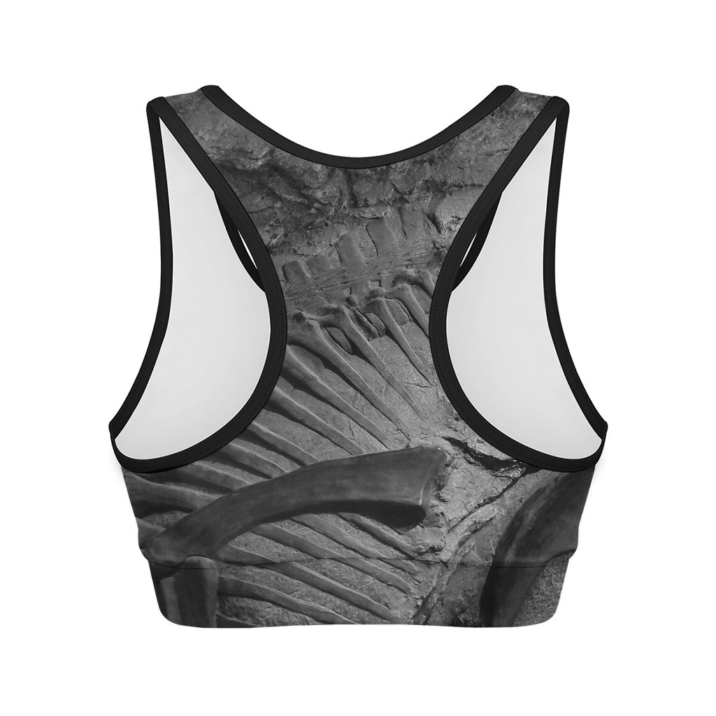 Monochrome Dinosaur Fossil Print Women's Sports Bra