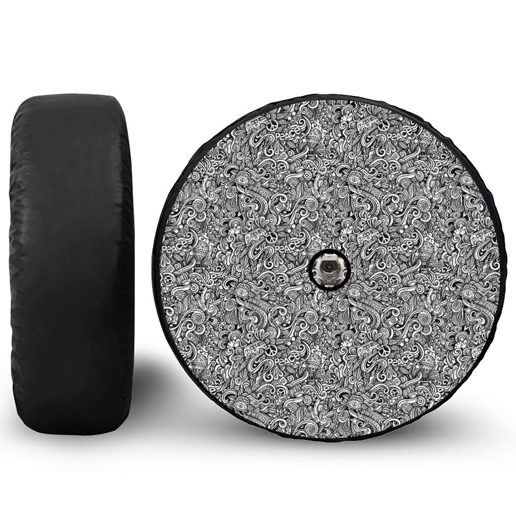 Monochrome Graffiti Hippie Pattern Print Tire Cover With Camera Hole