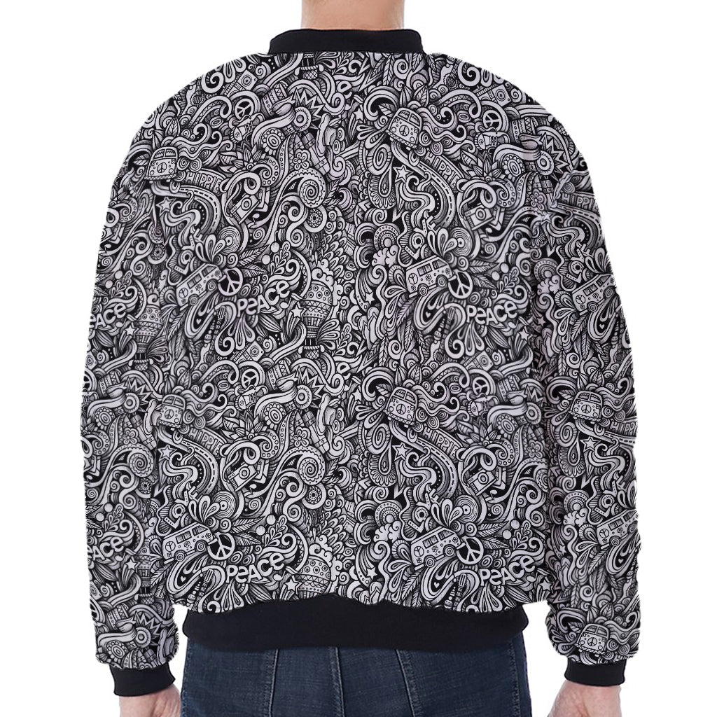 Monochrome Graffiti Hippie Pattern Print Zip Sleeve Bomber Jacket