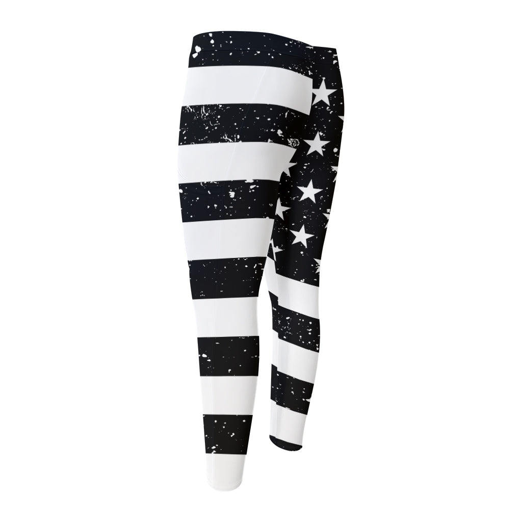 Monochrome Grunge American Flag Print Men's Compression Pants