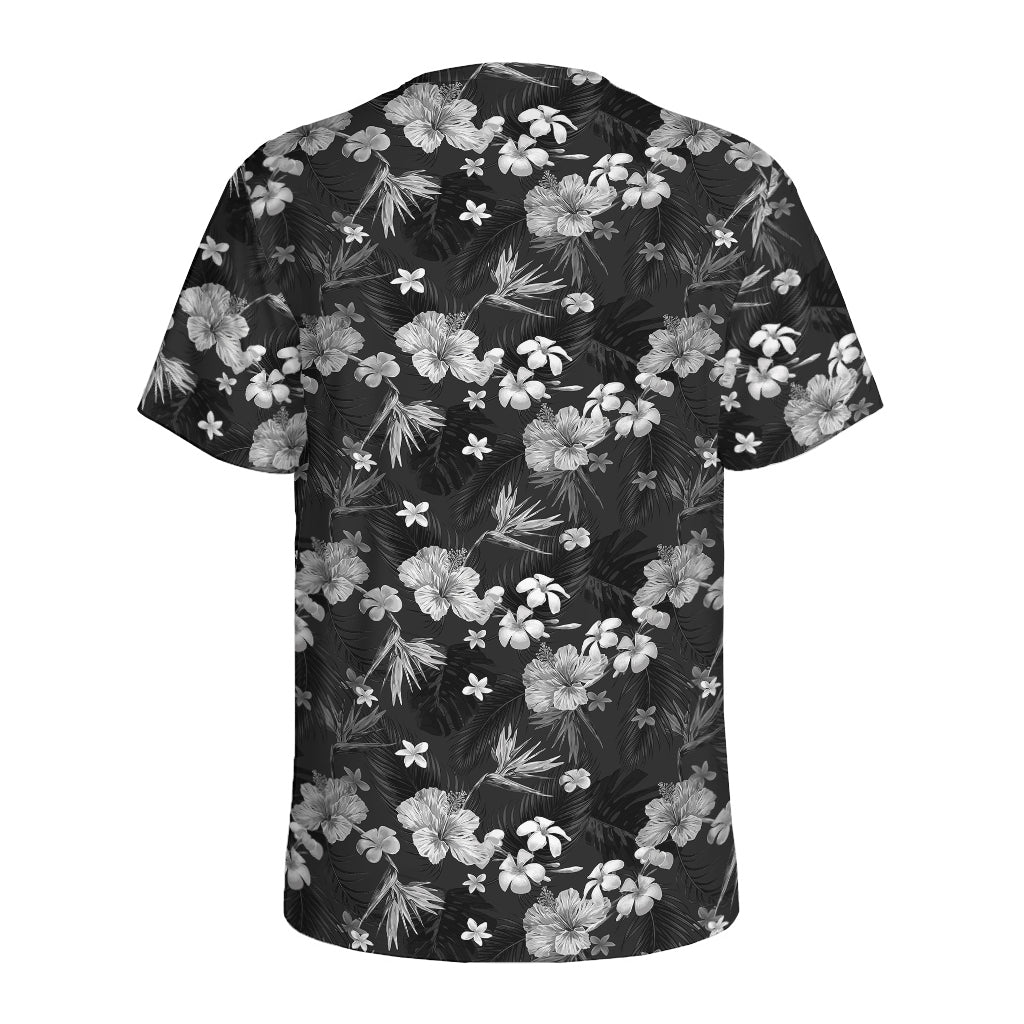 Monochrome Hawaiian Floral Print Men's Sports T-Shirt