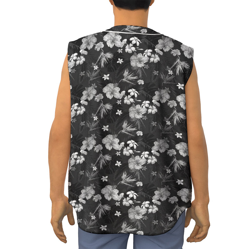 Monochrome Hawaiian Floral Print Sleeveless Baseball Jersey