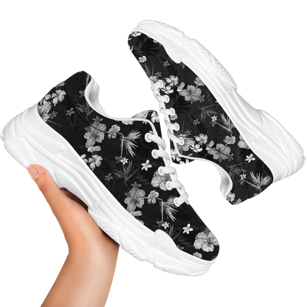 Monochrome Hawaiian Floral Print White Chunky Shoes