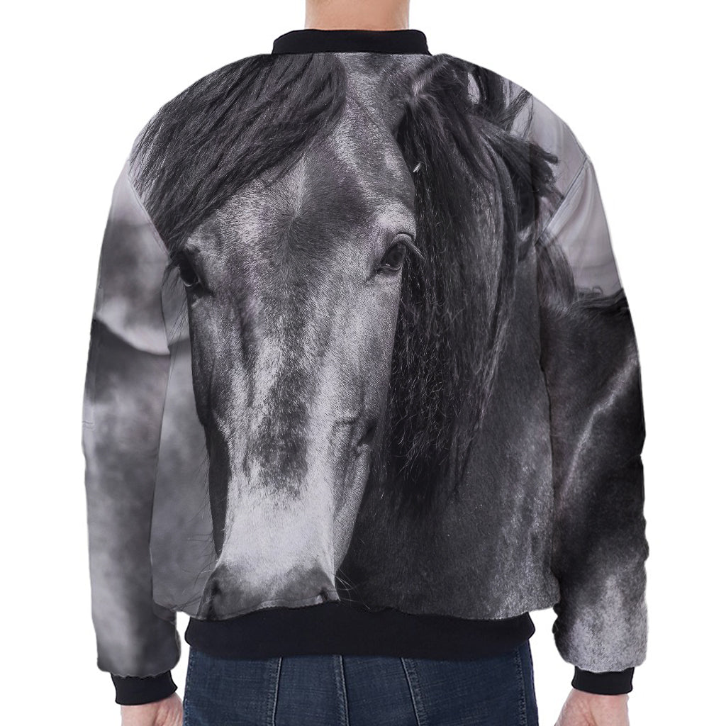 Monochrome Horse Print Zip Sleeve Bomber Jacket