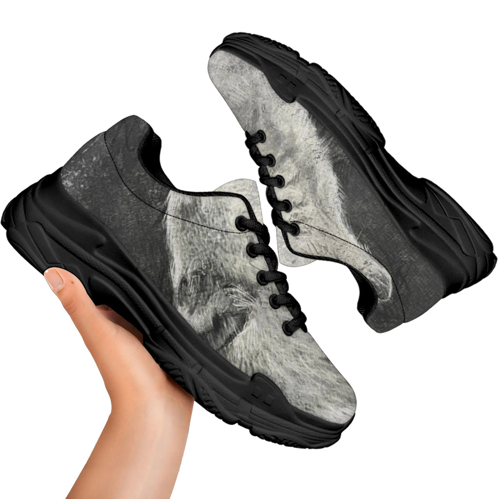 Monochrome Howling Wolf Print Black Chunky Shoes