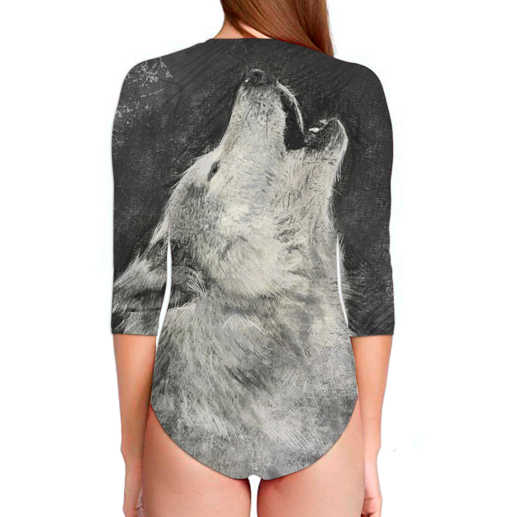 Monochrome Howling Wolf Print Long Sleeve Swimsuit