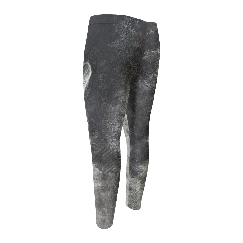 Monochrome Howling Wolf Print Men's Compression Pants