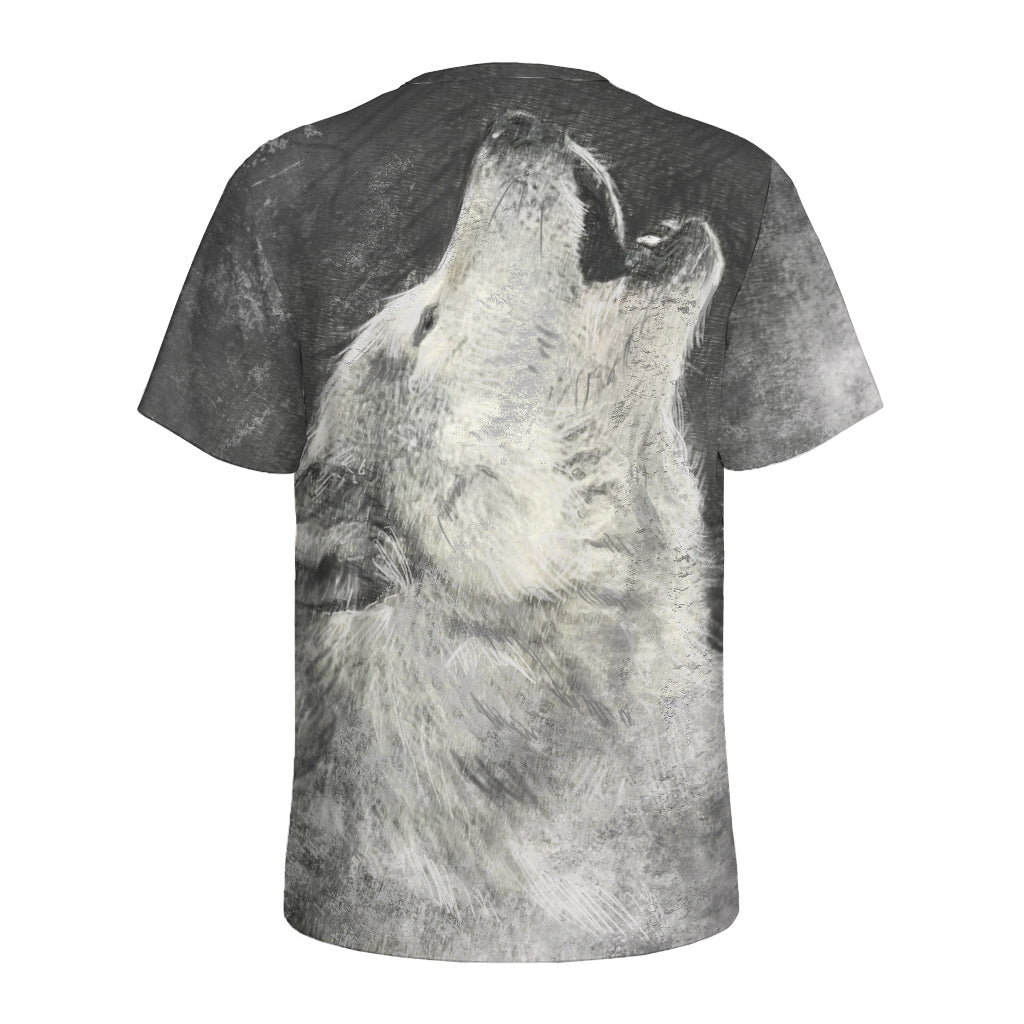 Monochrome Howling Wolf Print Men's Sports T-Shirt