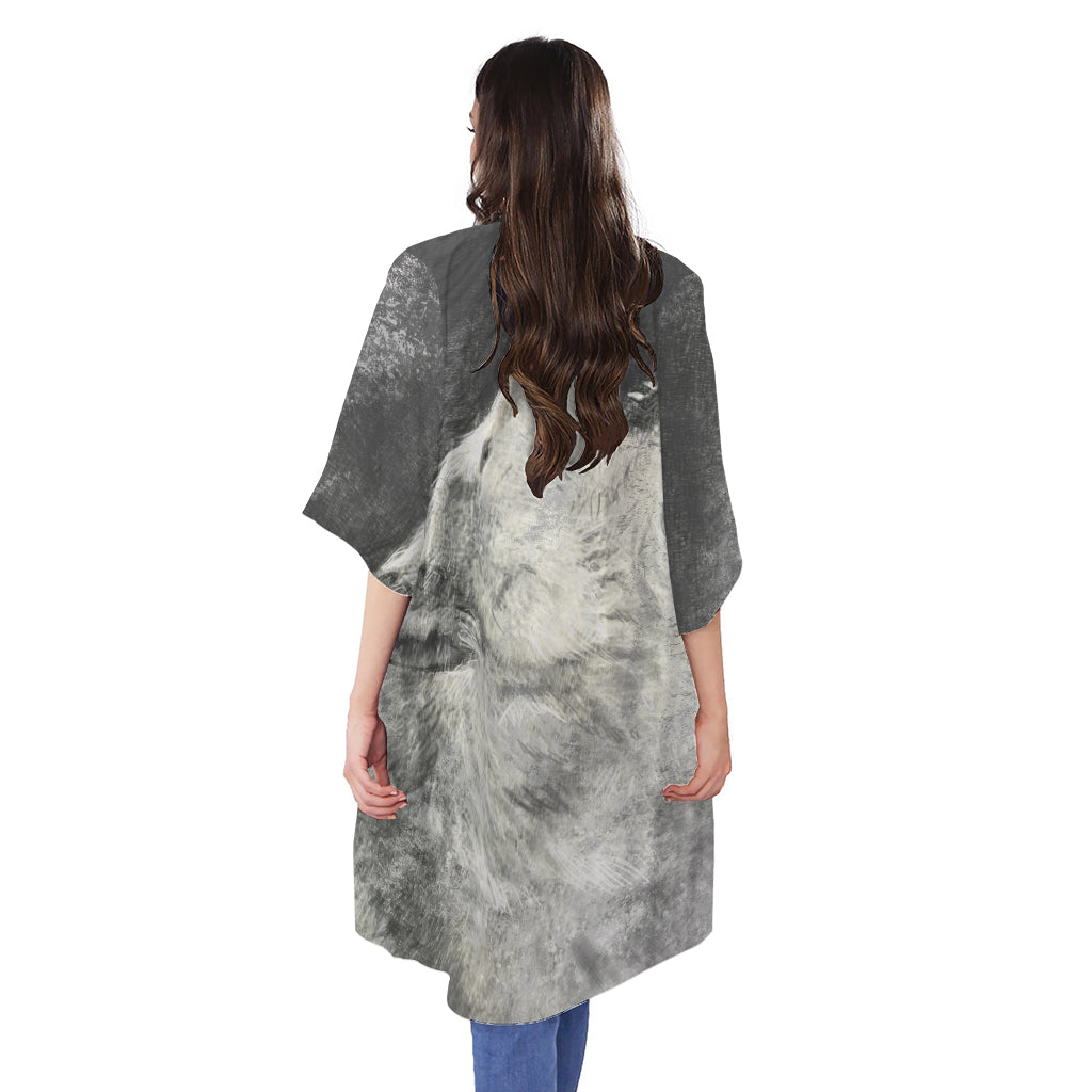 Monochrome Howling Wolf Print Open Front Beach Cover Up