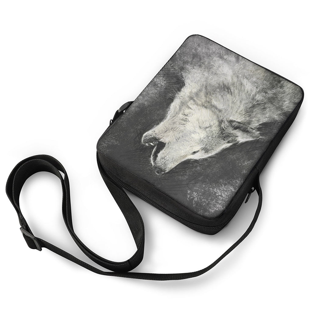 Monochrome Howling Wolf Print Rectangular Crossbody Bag