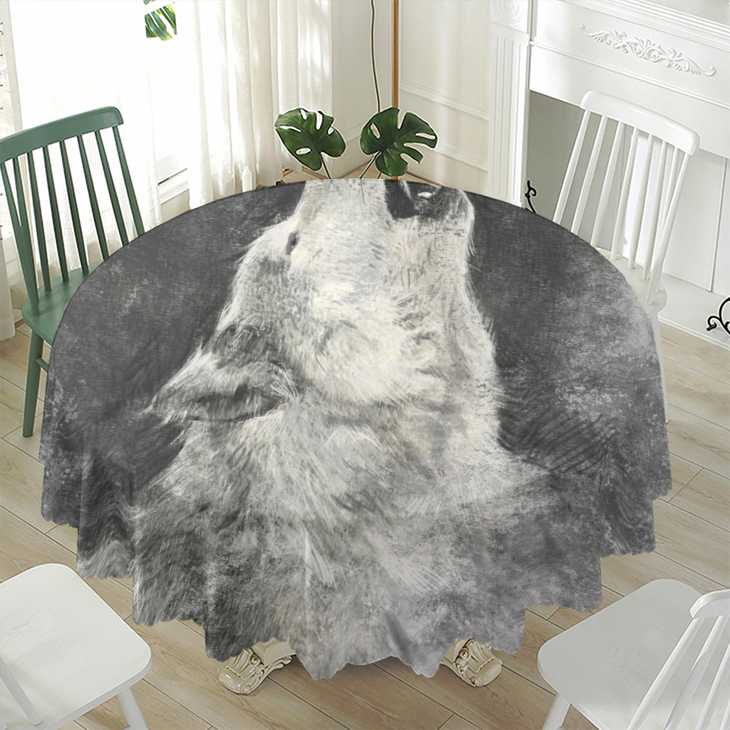 Monochrome Howling Wolf Print Waterproof Round Tablecloth