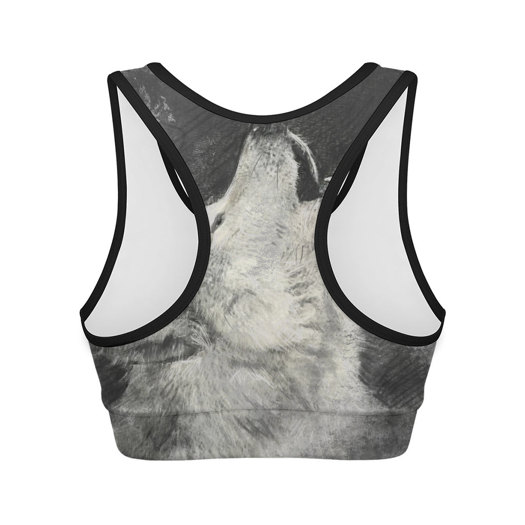 Monochrome Howling Wolf Print Women's Sports Bra