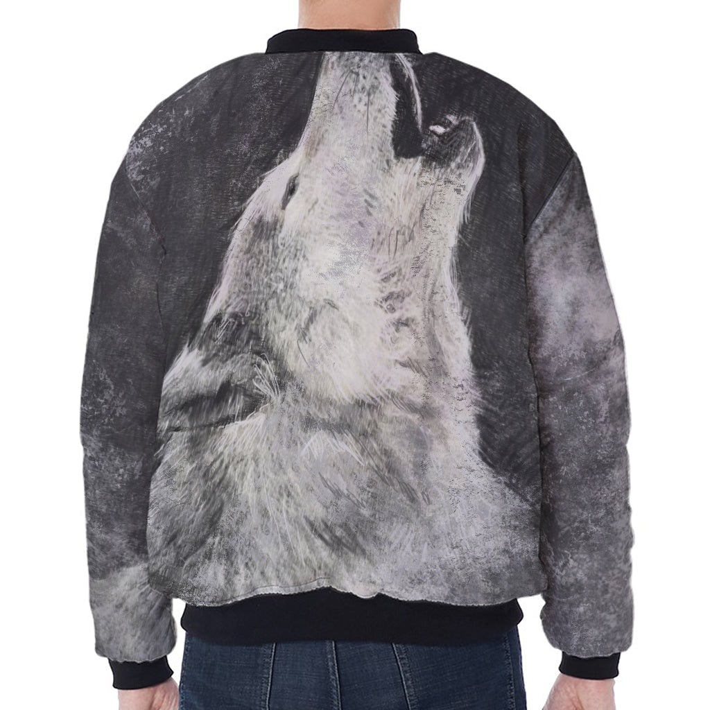 Monochrome Howling Wolf Print Zip Sleeve Bomber Jacket