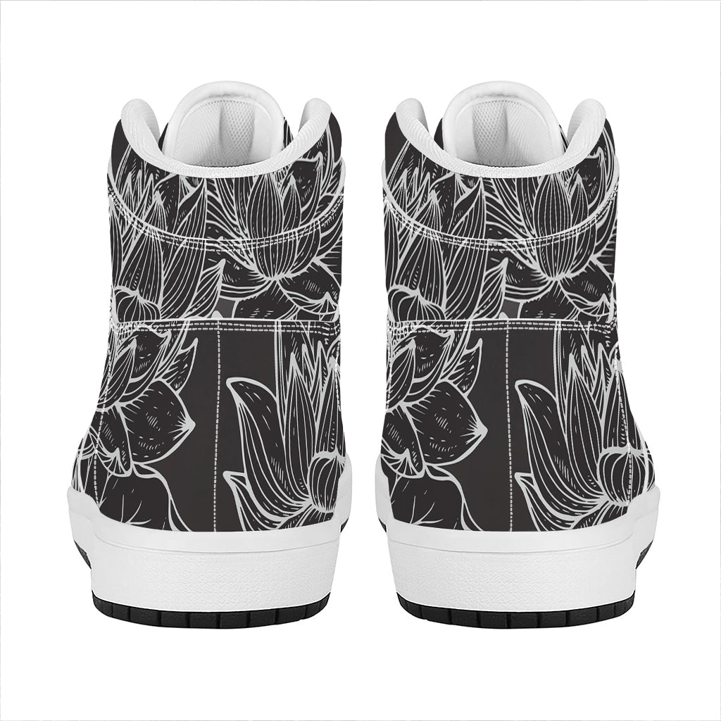Monochrome Lotus Print High Top Leather Sneakers