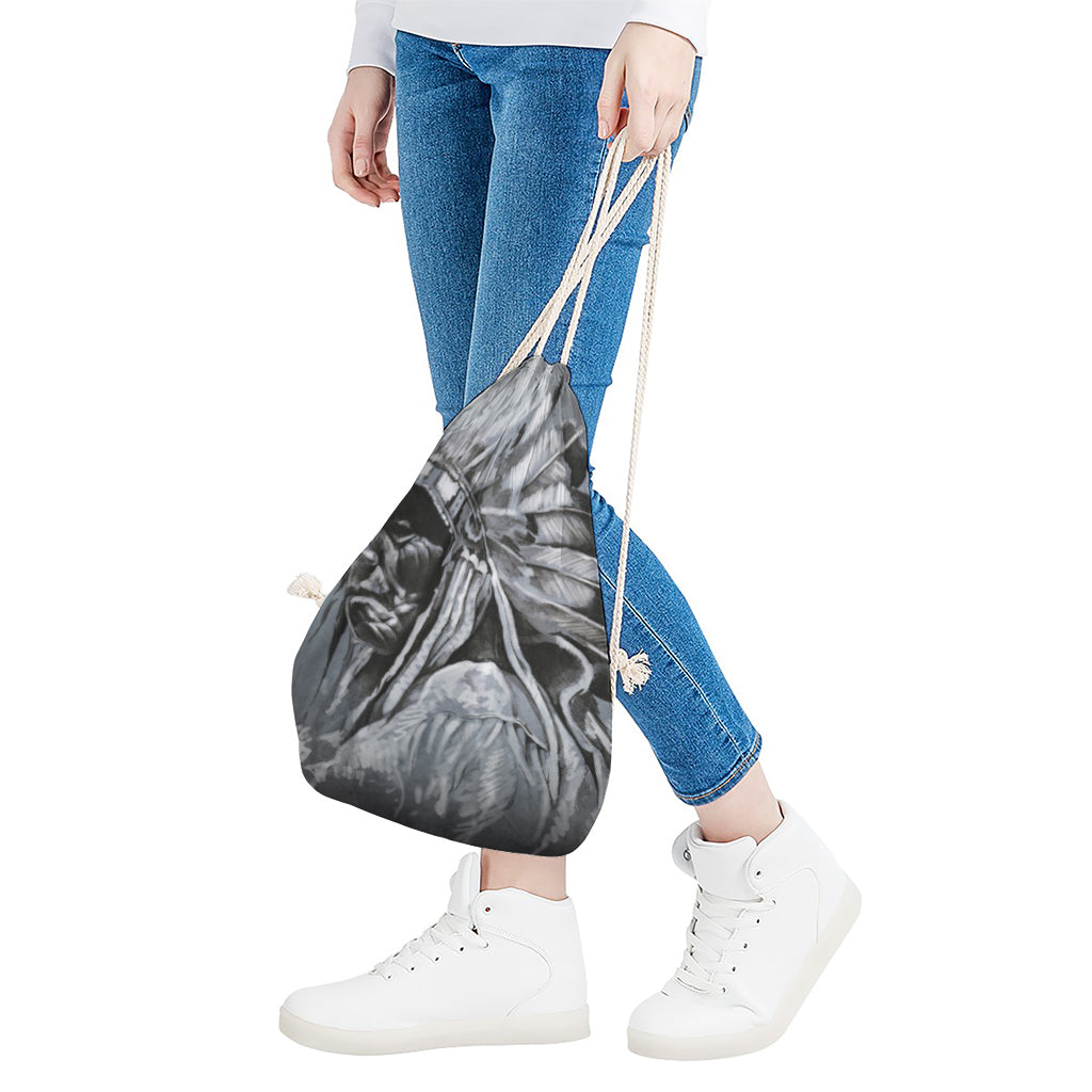 Monochrome Native Indian Portrait Print Drawstring Bag