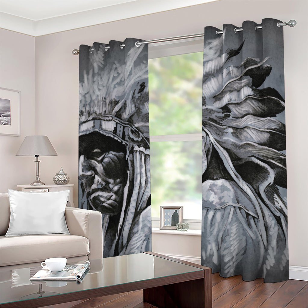 Monochrome Native Indian Portrait Print Grommet Curtains