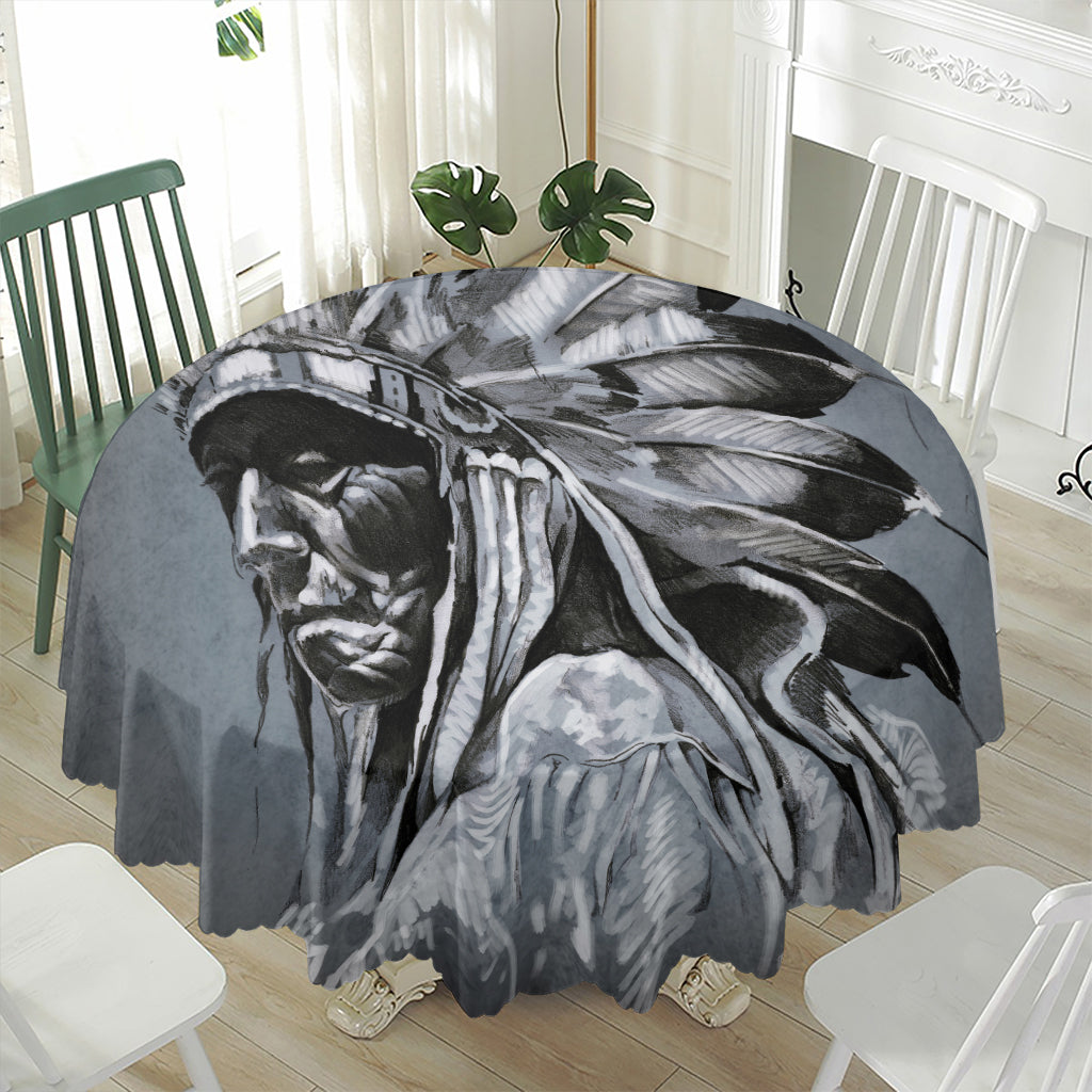 Monochrome Native Indian Portrait Print Waterproof Round Tablecloth
