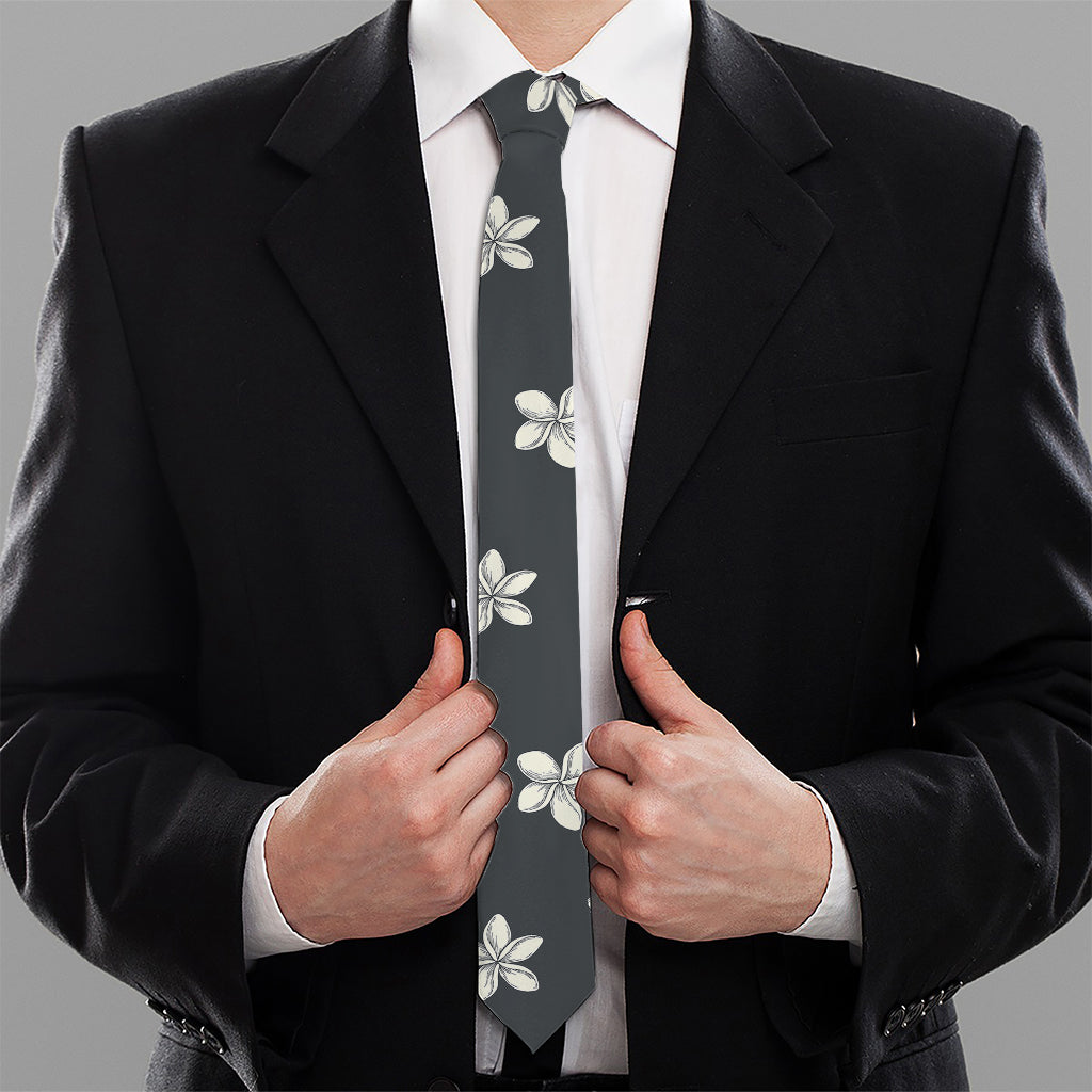 Monochrome Plumeria Pattern Print Necktie
