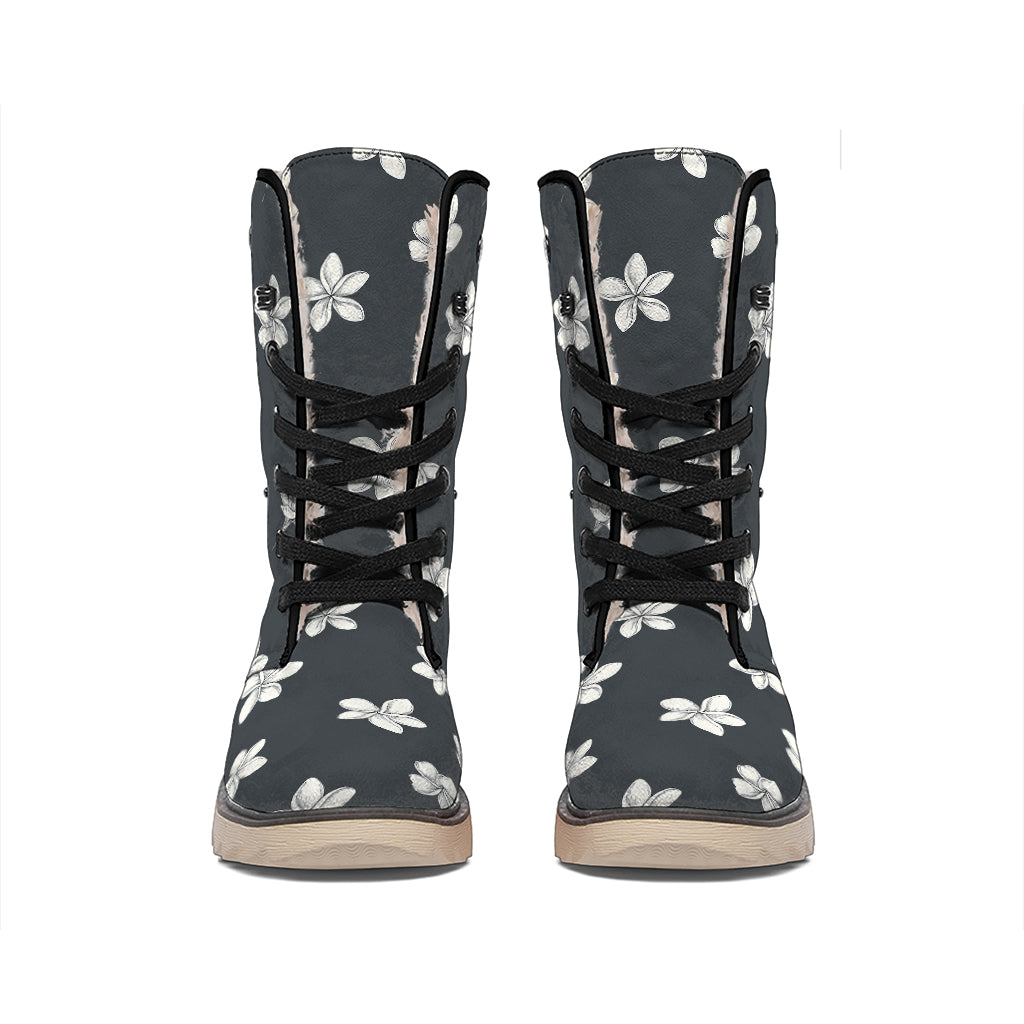 Monochrome Plumeria Pattern Print Winter Boots