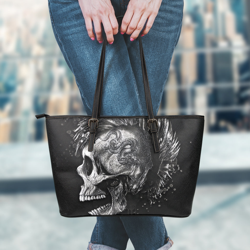 Monochrome Punk Skull Print Leather Tote Bag