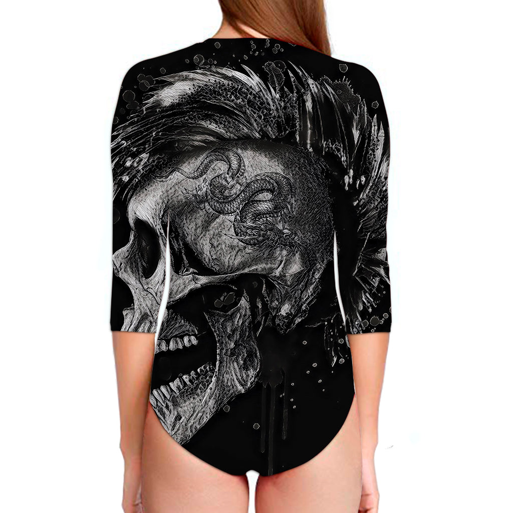 Monochrome Punk Skull Print Long Sleeve Swimsuit