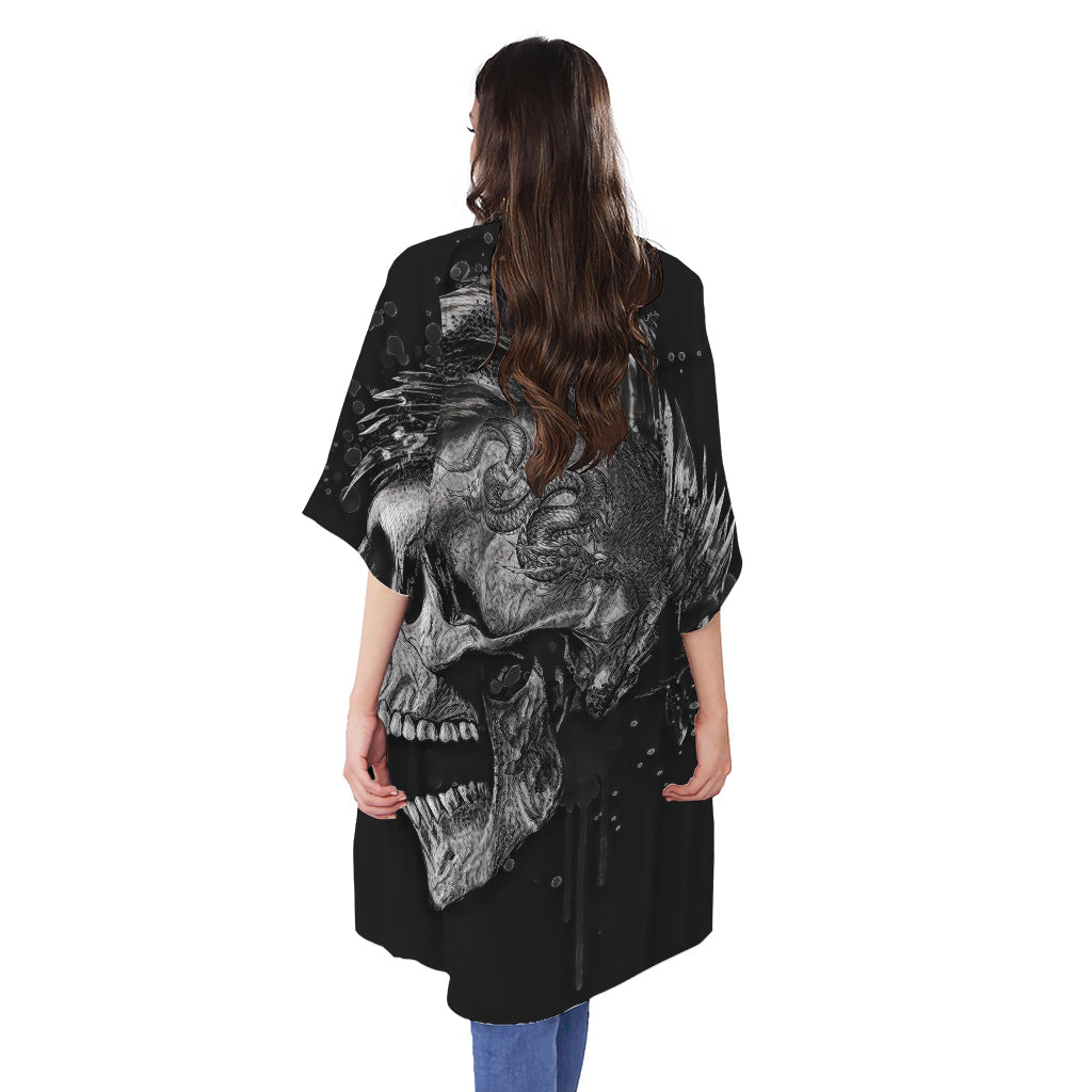 Monochrome Punk Skull Print Open Front Beach Cover Up