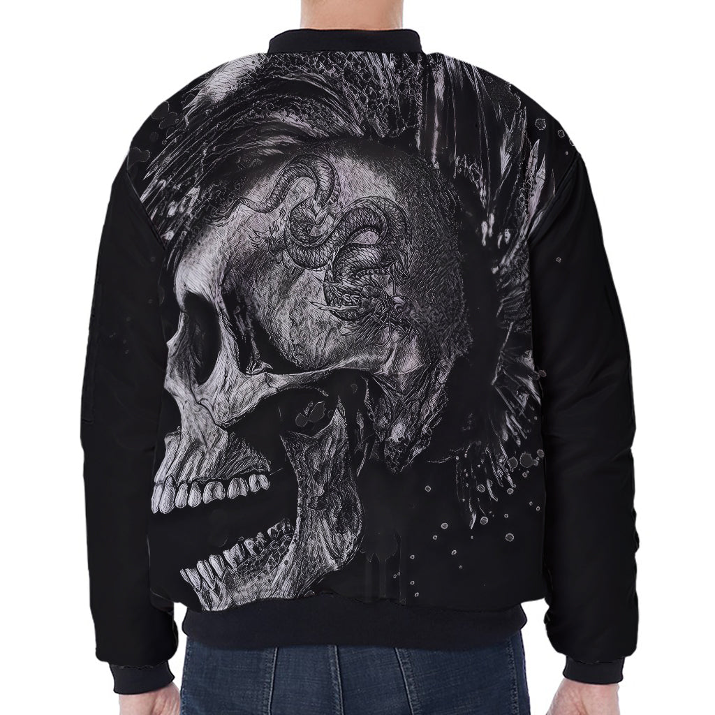 Monochrome Punk Skull Print Zip Sleeve Bomber Jacket
