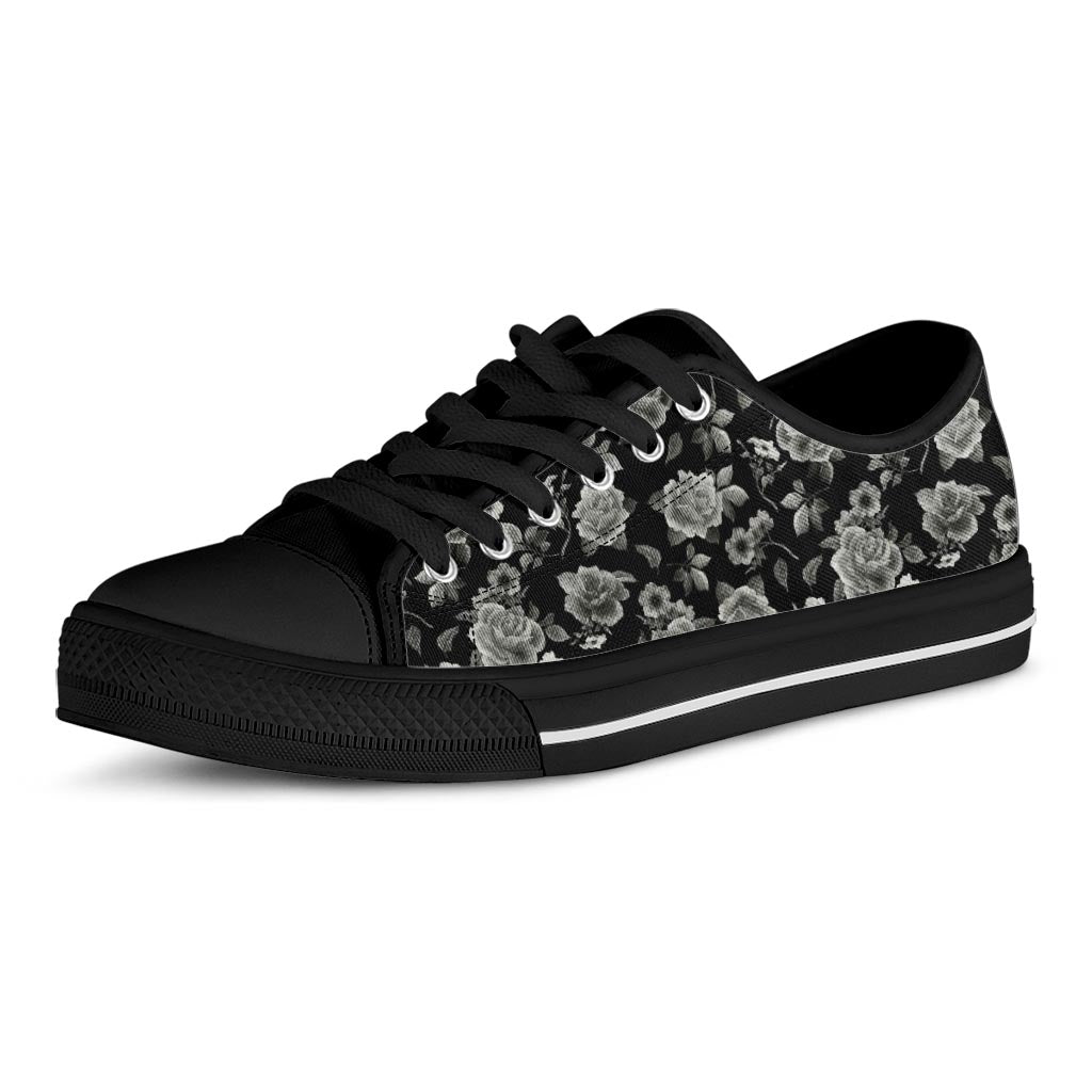 Monochrome Rose Floral Pattern Print Black Low Top Sneakers