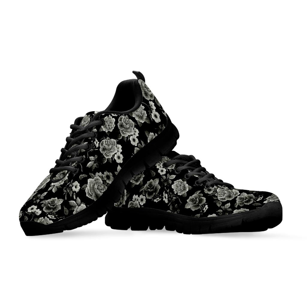 Monochrome Rose Floral Pattern Print Black Running Shoes