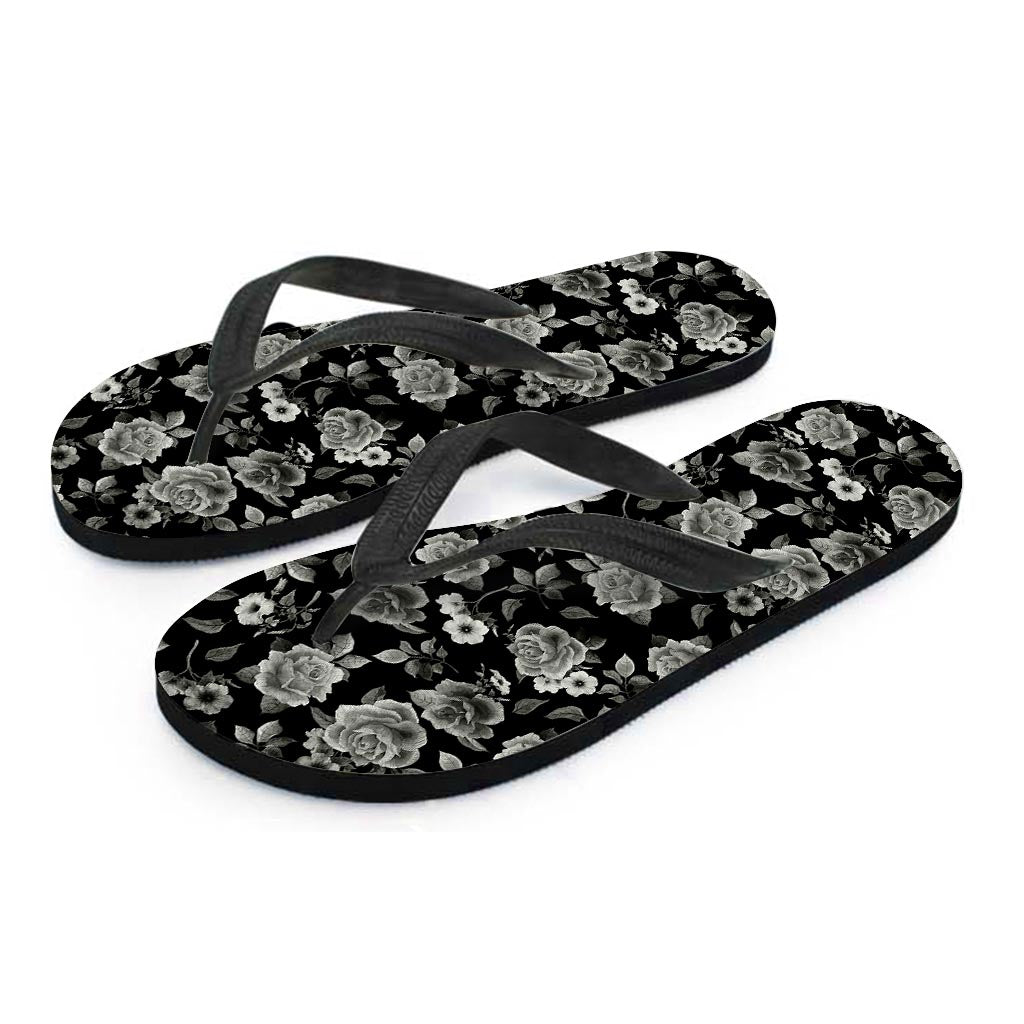 Monochrome Rose Floral Pattern Print Flip Flops