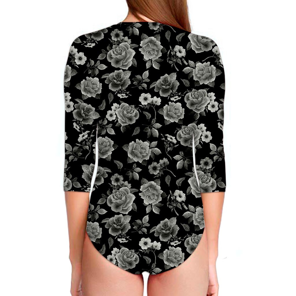 Monochrome Rose Floral Pattern Print Long Sleeve Swimsuit