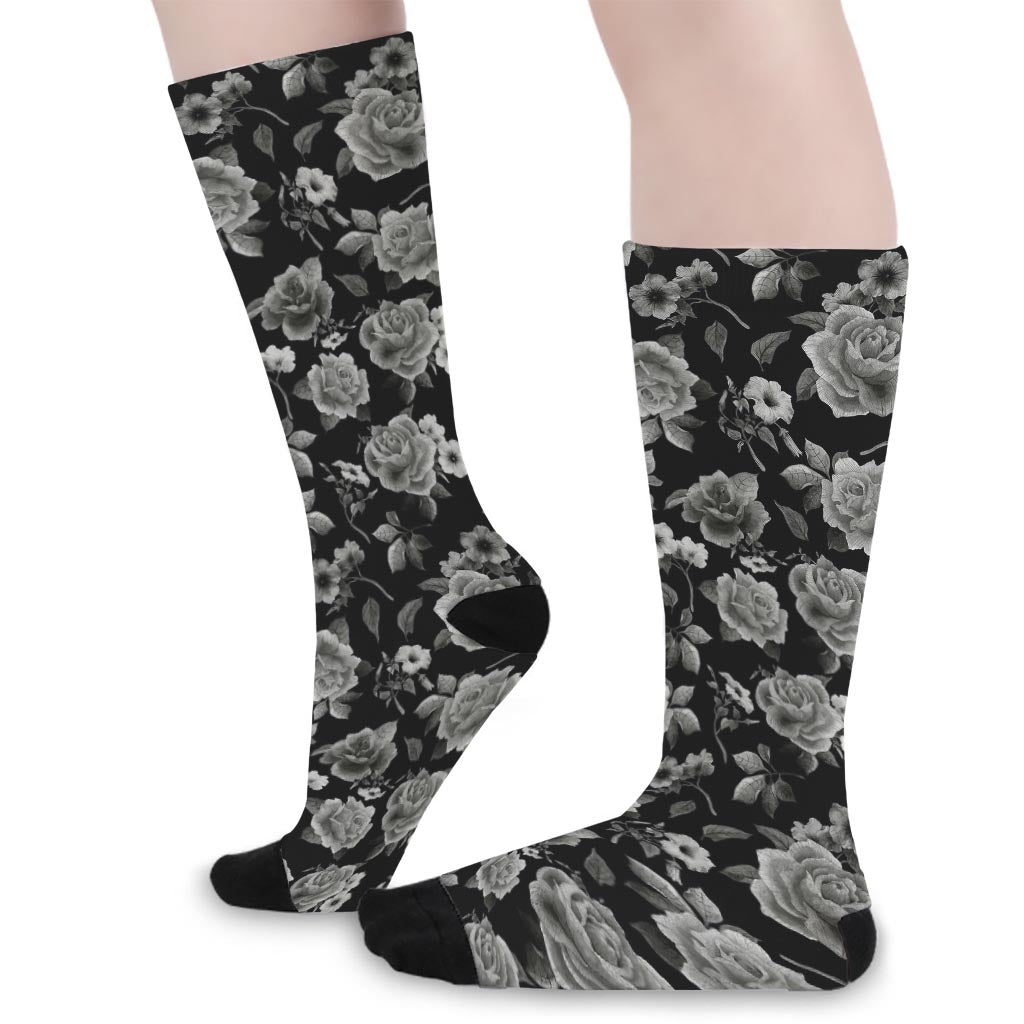 Monochrome Rose Floral Pattern Print Long Socks