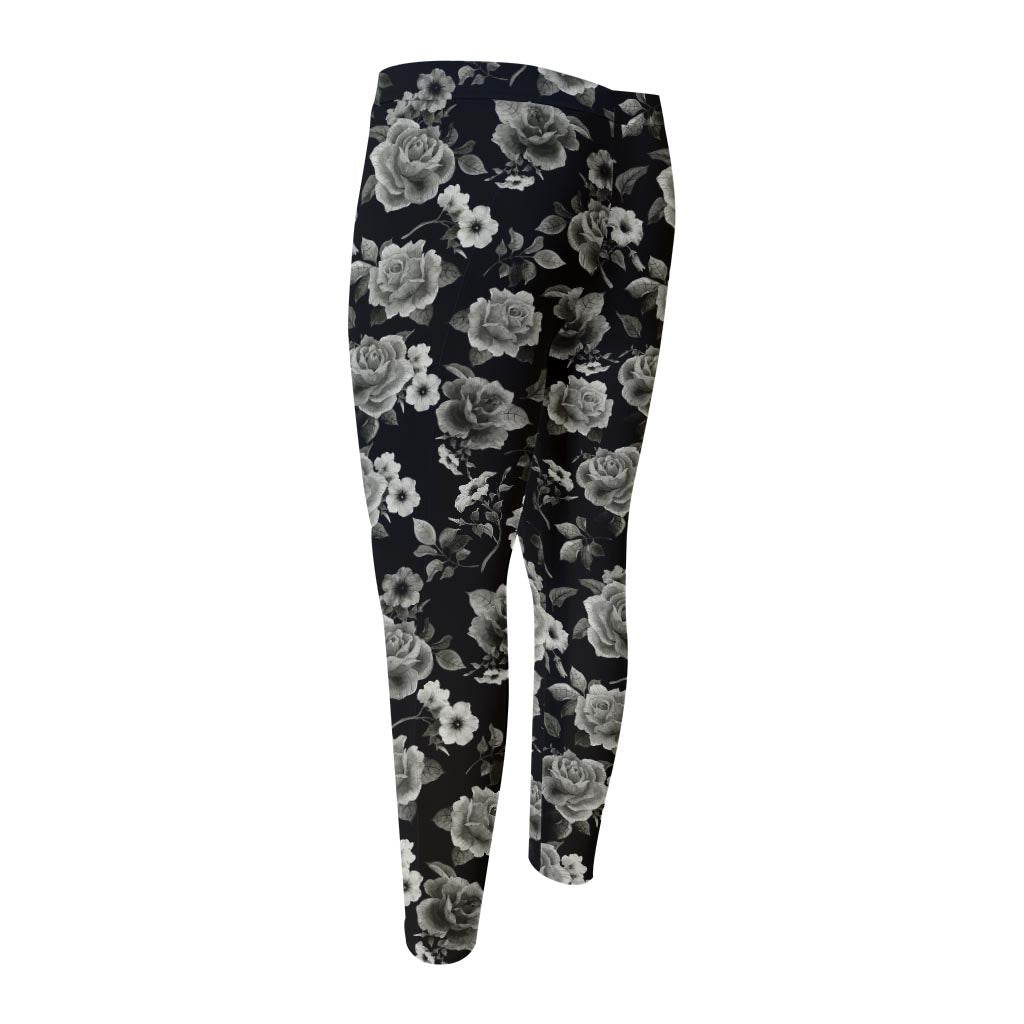 Monochrome Rose Floral Pattern Print Men's Compression Pants
