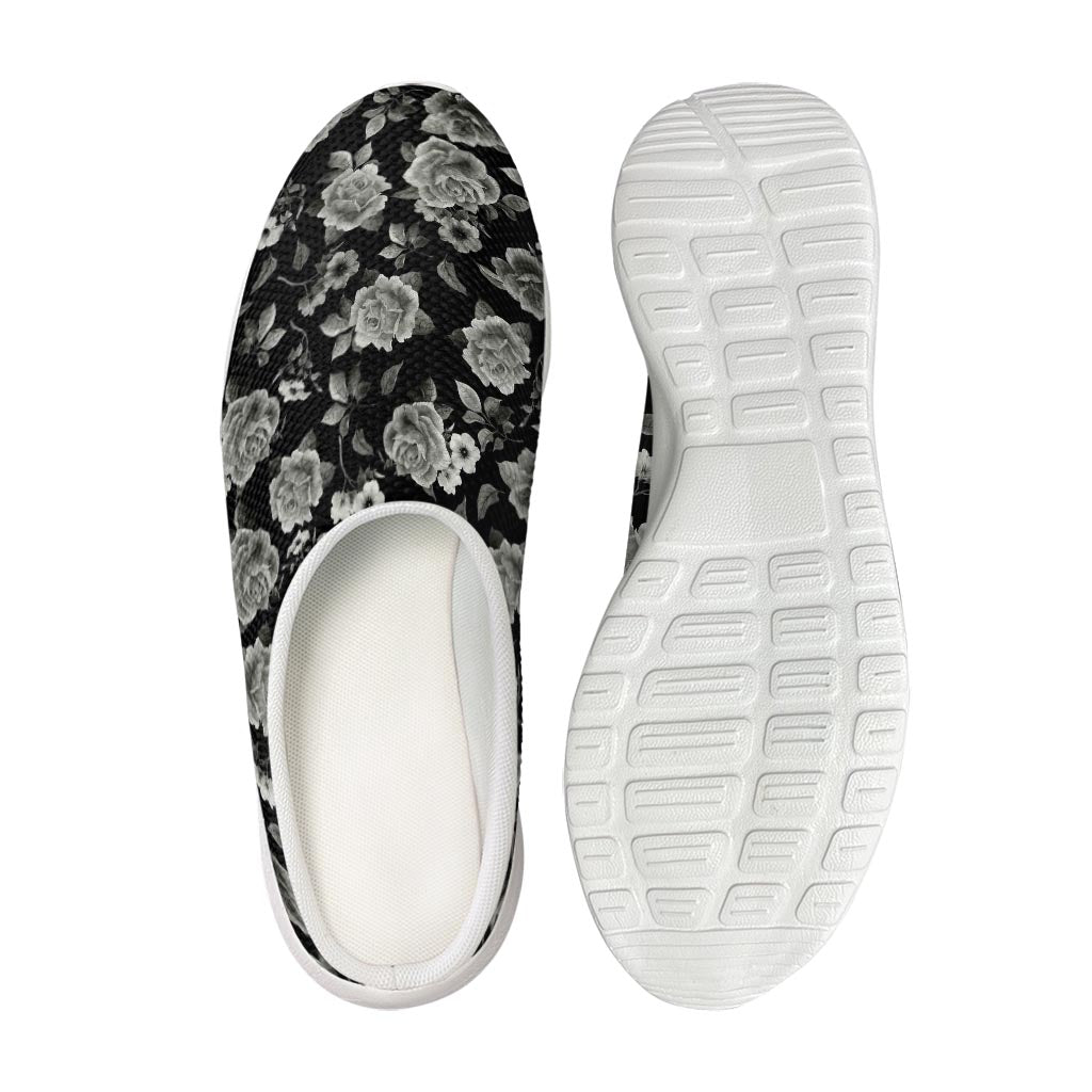 Monochrome Rose Floral Pattern Print Mesh Casual Shoes