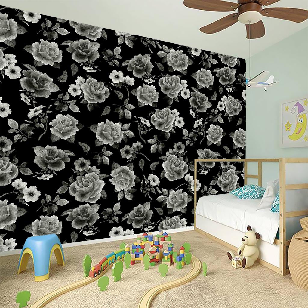 Monochrome Rose Floral Pattern Print Wall Sticker