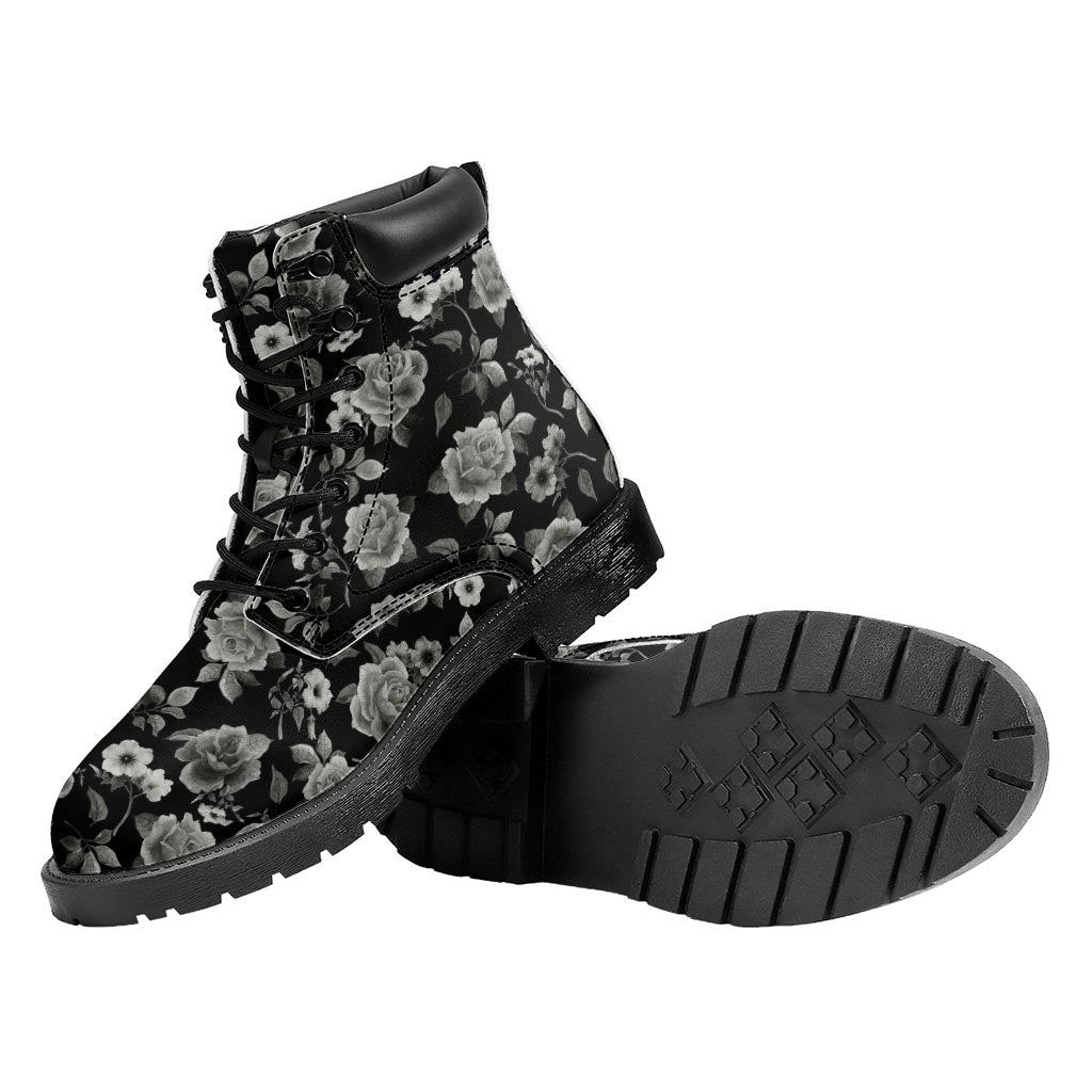 Monochrome Rose Floral Pattern Print Work Boots