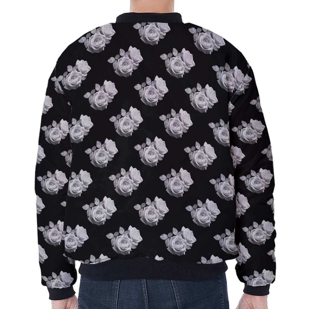 Monochrome Rose Pattern Print Zip Sleeve Bomber Jacket