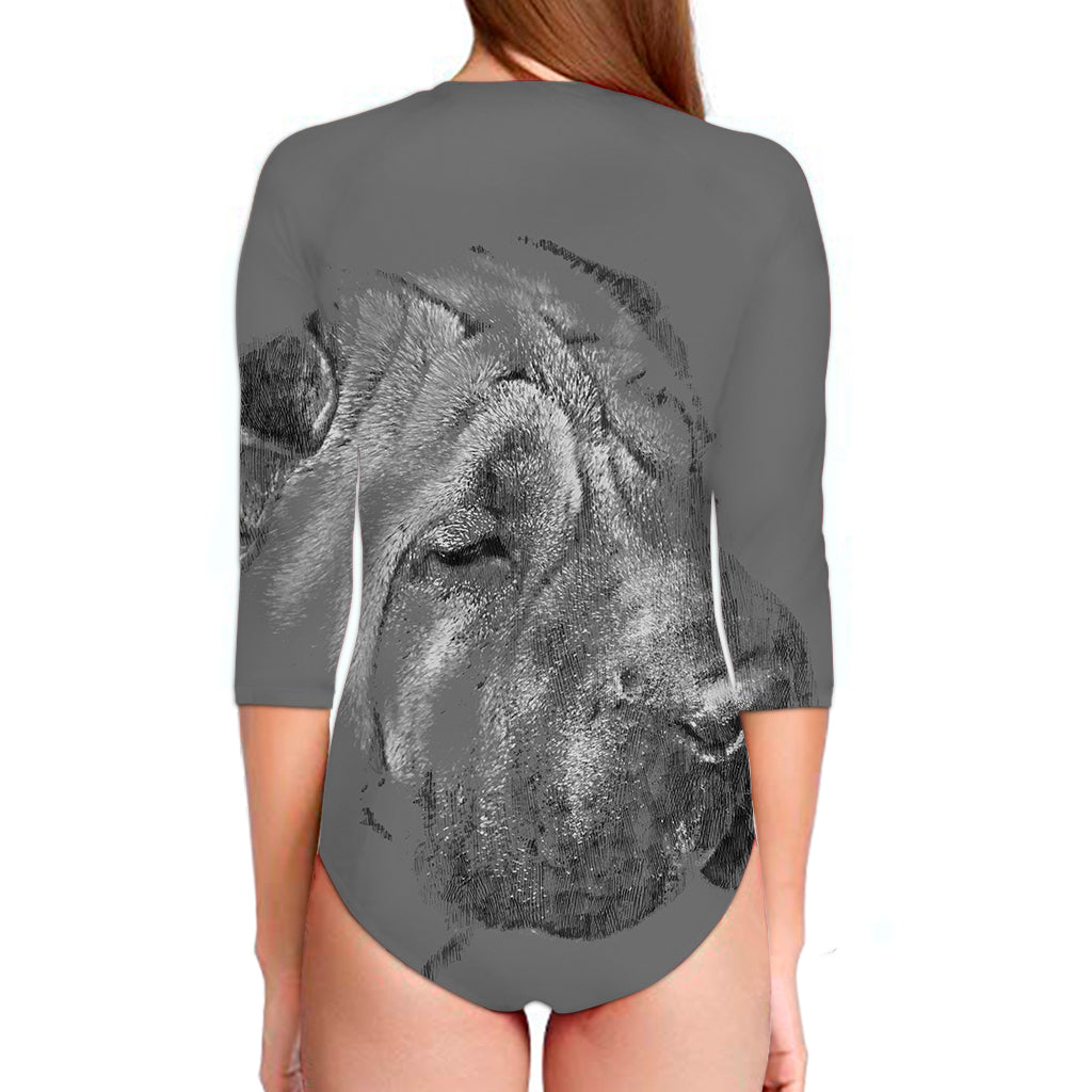 Monochrome Shar Pei Print Long Sleeve Swimsuit