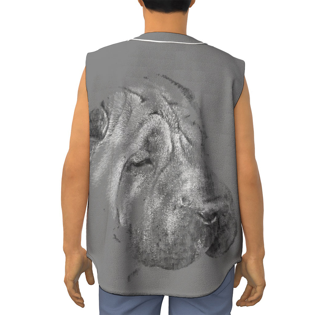 Monochrome Shar Pei Print Sleeveless Baseball Jersey