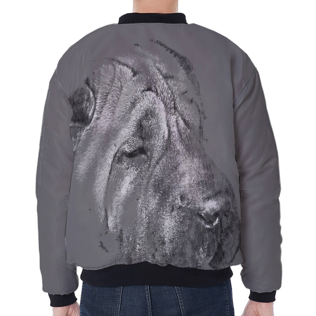 Monochrome Shar Pei Print Zip Sleeve Bomber Jacket