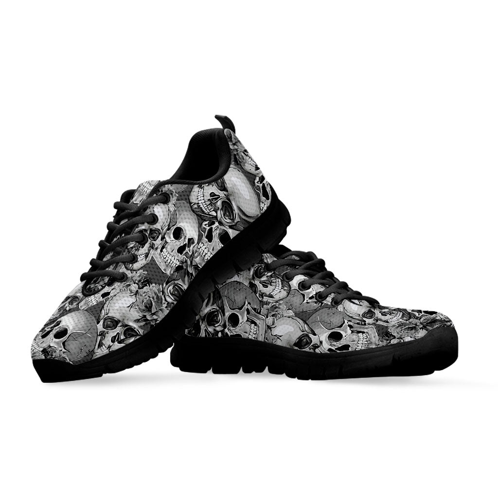 Monochrome Skull Flowers Pattern Print Black Running Shoes