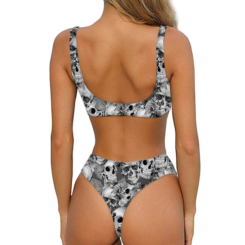 Monochrome Skull Flowers Pattern Print Front Bow Tie Bikini