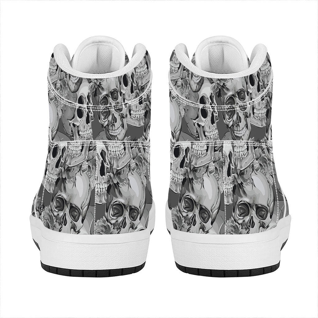Monochrome Skull Flowers Pattern Print High Top Leather Sneakers