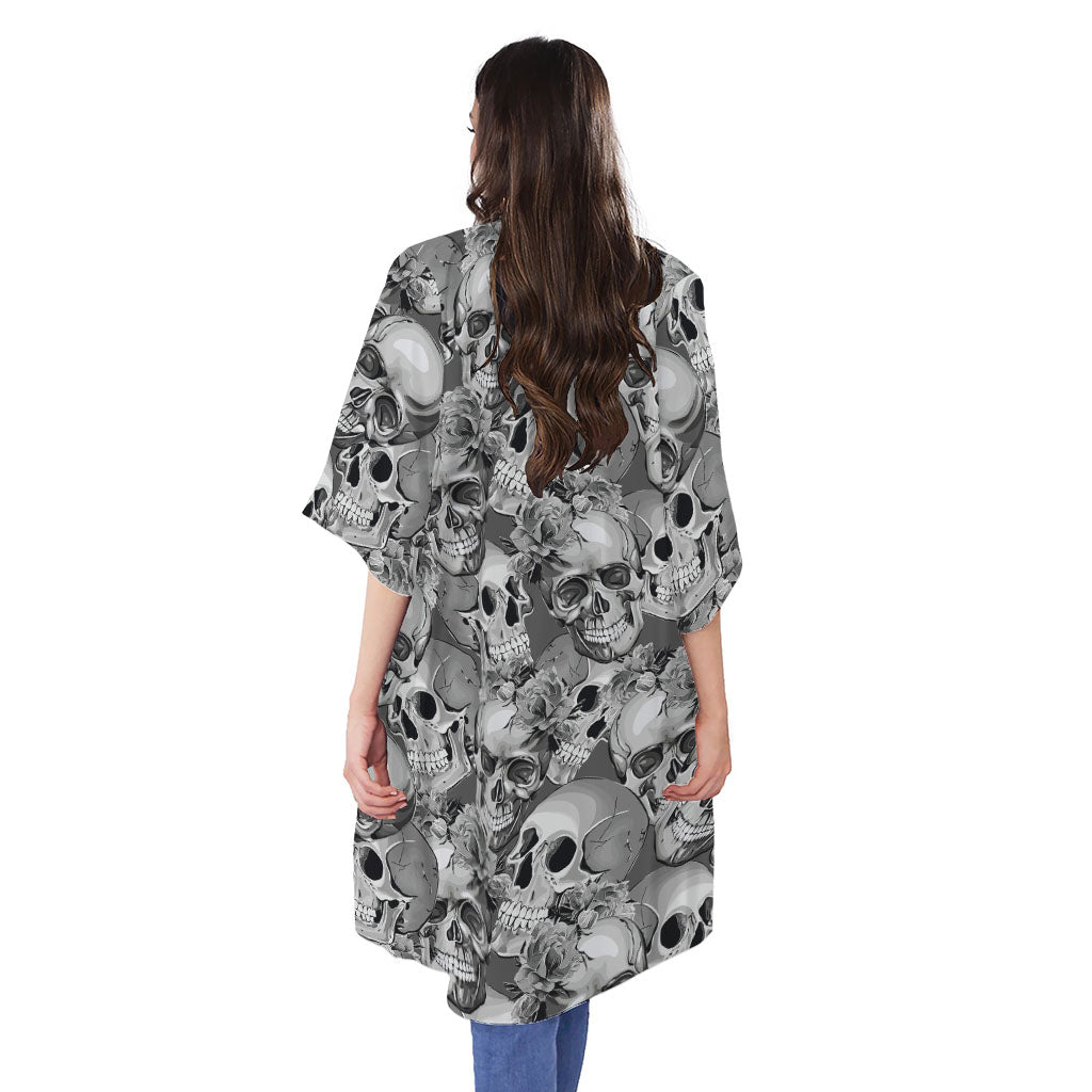 Monochrome Skull Flowers Pattern Print Open Front Beach Cover Up
