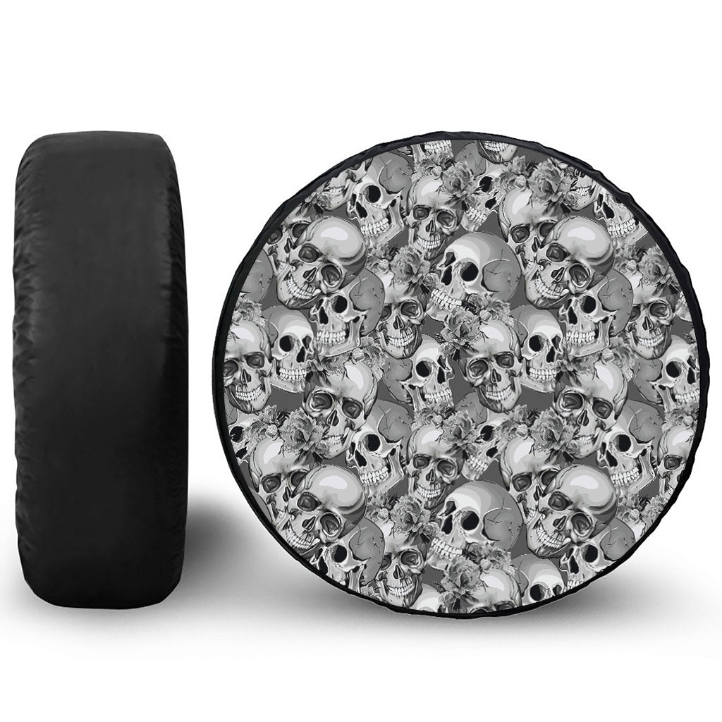 Monochrome Skull Flowers Pattern Print Tire Cover