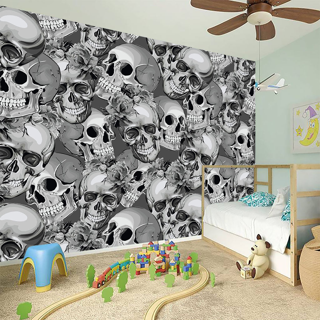 Monochrome Skull Flowers Pattern Print Wall Sticker
