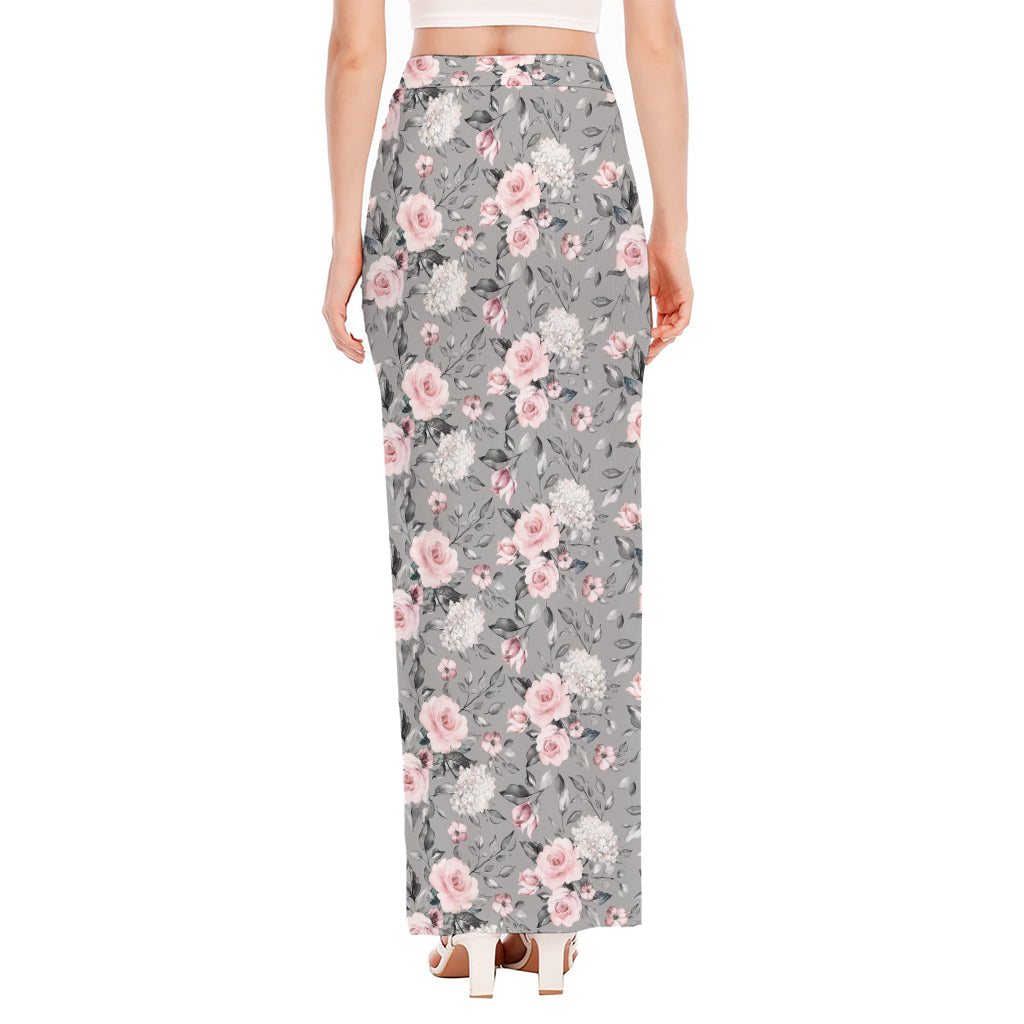 Monochrome Spring Floral Print High Slit Maxi Skirt