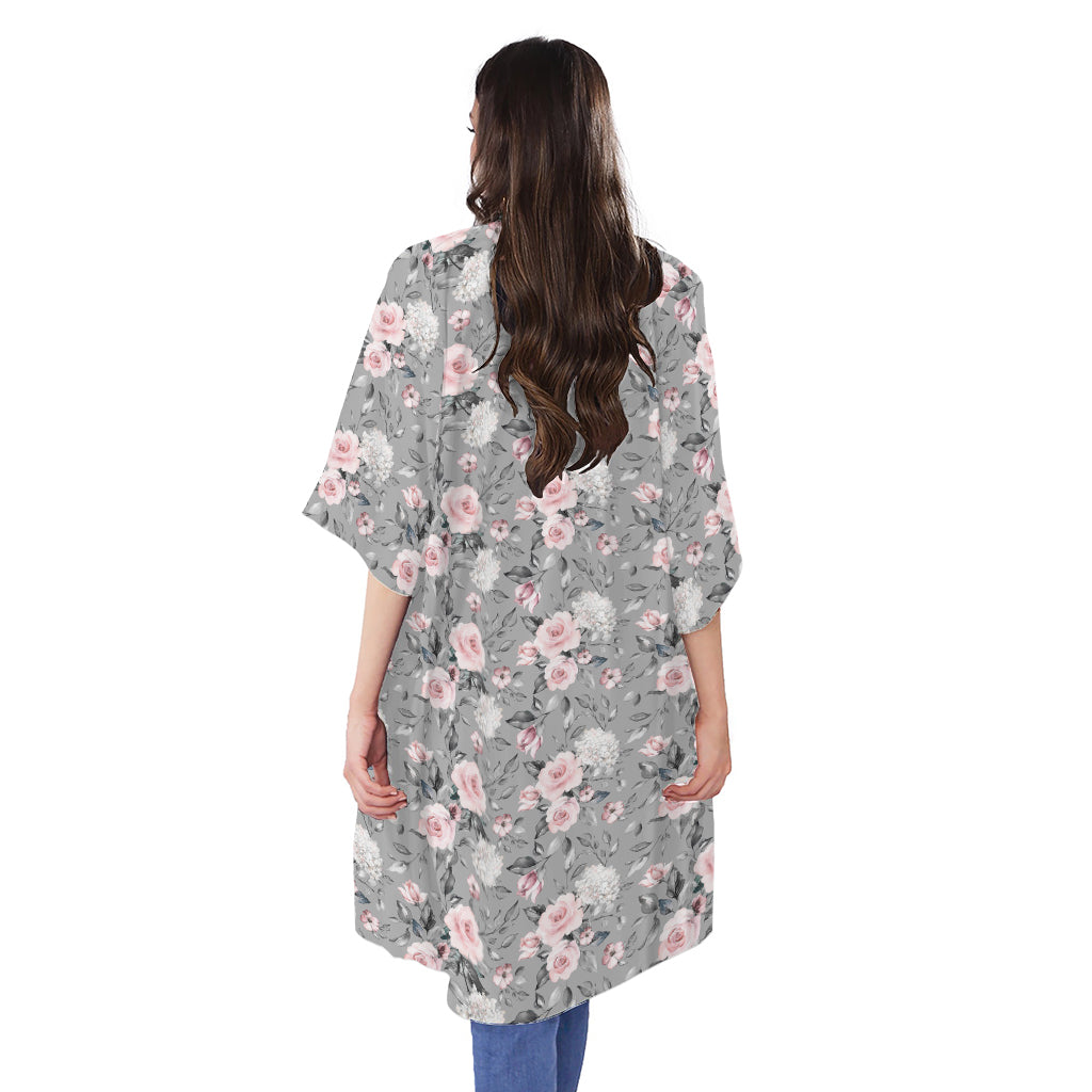 Monochrome Spring Floral Print Open Front Beach Cover Up