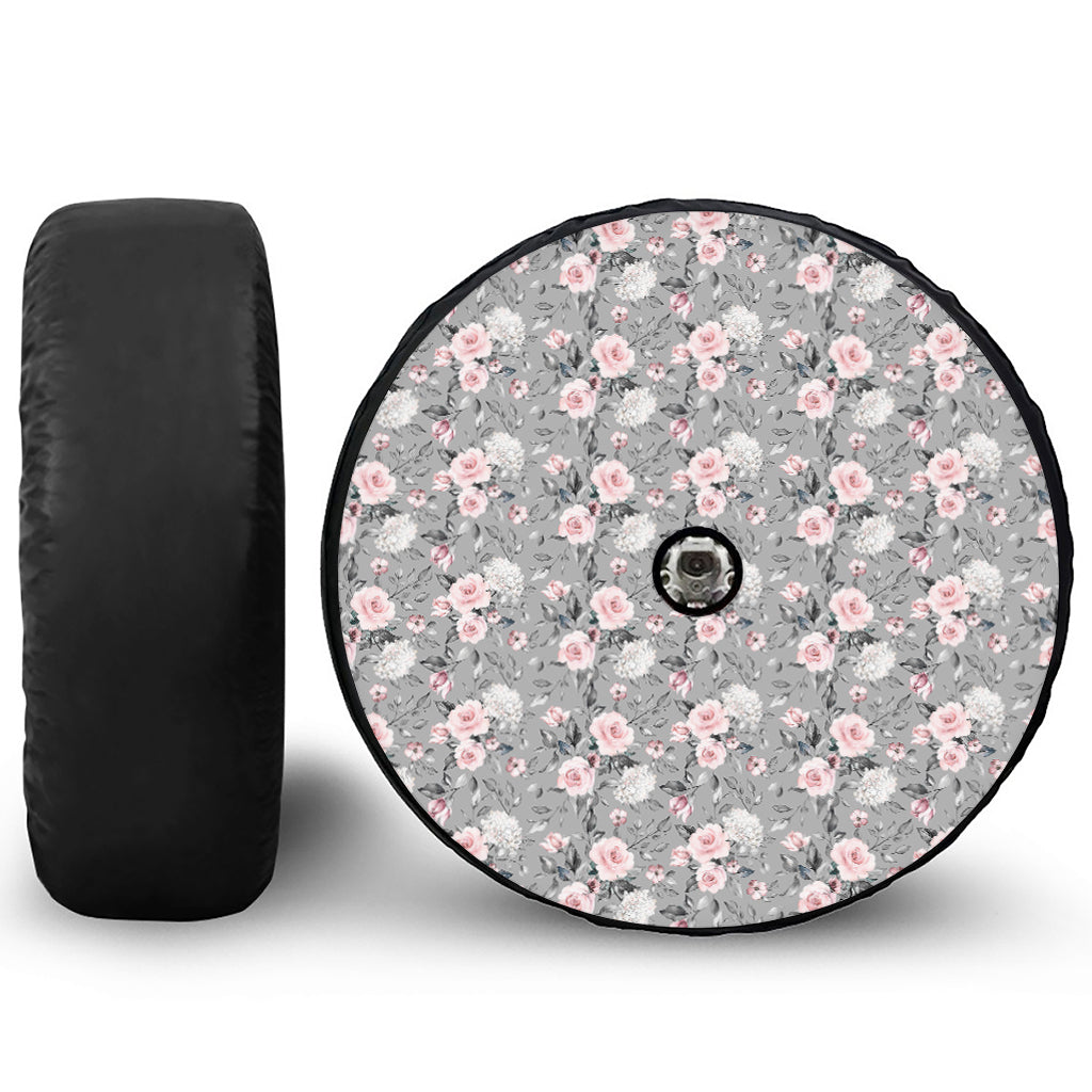 Monochrome Spring Floral Print Tire Cover With Camera Hole