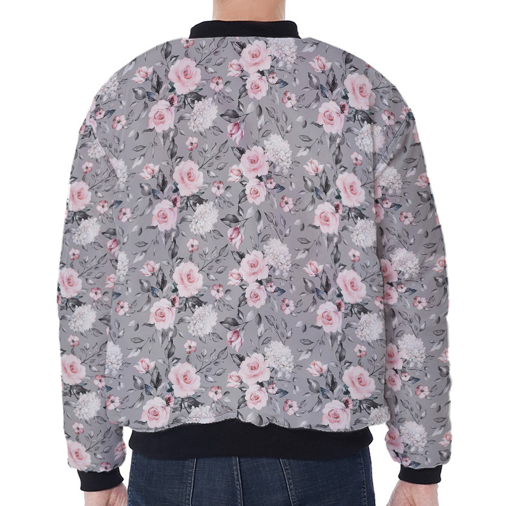 Monochrome Spring Floral Print Zip Sleeve Bomber Jacket